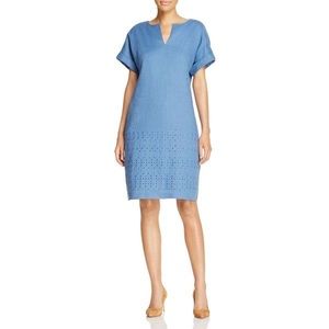 Lafayette 148 Fabian Linen Embroidered Blue Pullover Tunic Dress